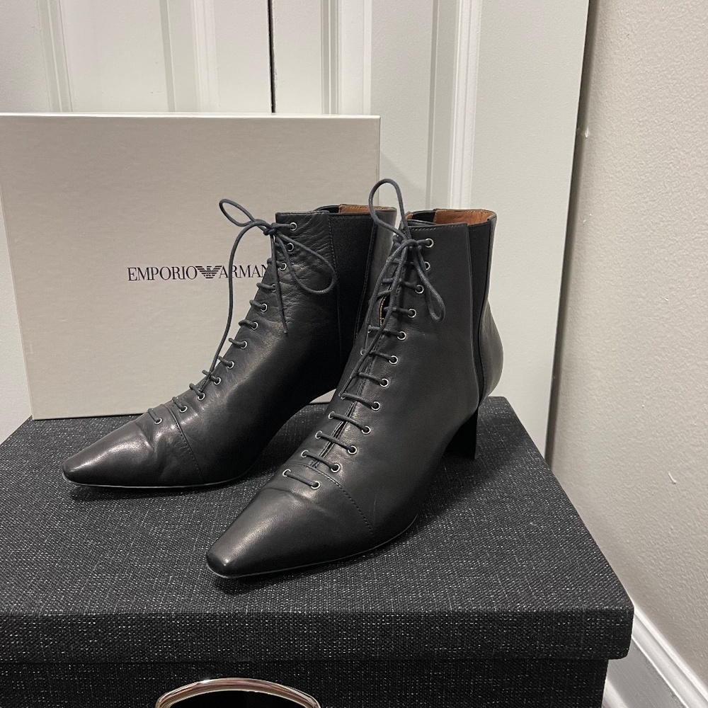 $575+Emporio Armani Black Nappa Leather Ankle Lace Up Boots Sz IT 40/US 9.5